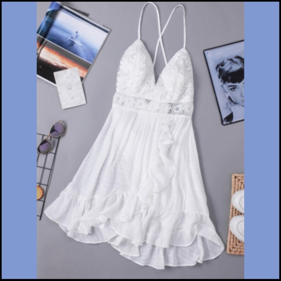 WHITE LACE SPLICING CRISS CROSS LACE-UP V NECK CAMI DRESS Sz M - Picture 9 of 16